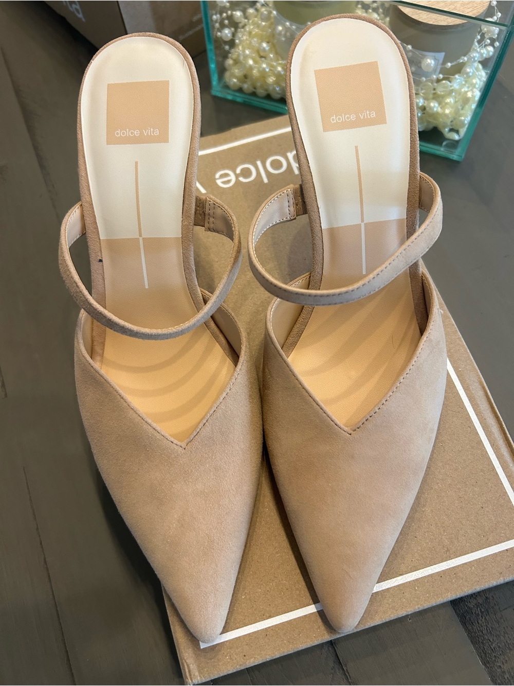 Dolce Vita Beige Pointed-Toe Suede Mule with Slim Sling